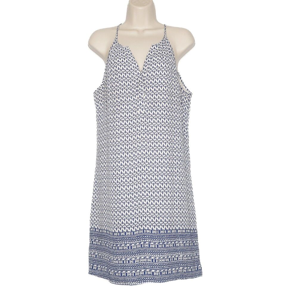 Skies Are Blue Short Shift Dress Size Medium Halter V-neck White Blue Print